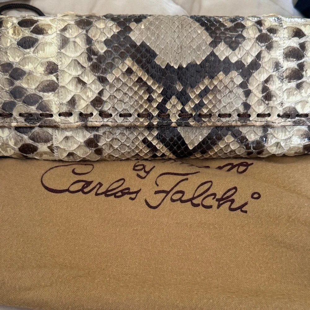 Carlos Falchi Beige and Brown Python-Print Wristlet Clutch - Picture 1 of 3